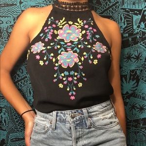 Black floral halter neck blouse
